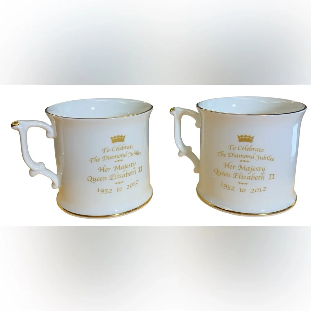 2012 Queen Elizabeth Diamond Jubilee Tea Cup Set. Gold Trim, Royal Designs, Mint